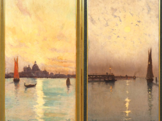 Vente aux enchères I. WILL.  "Venise, au clair de lune et au crépuscule".  Paire d'huiles