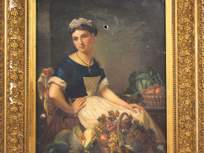 Ecole française XIXème. "Jeune servante au panier de fruits". Huile su