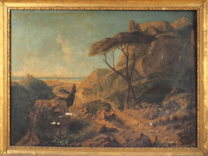 Ecole italienne XIXème. "paysages de montagne".  Paire d'huiles sur to