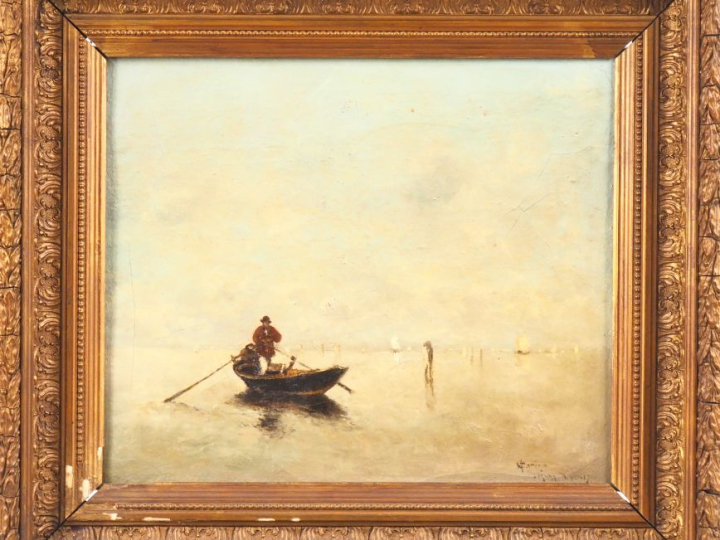 Ecole fin XIXème. "lagune de Venise" Huile sur toile, signée en bas à 