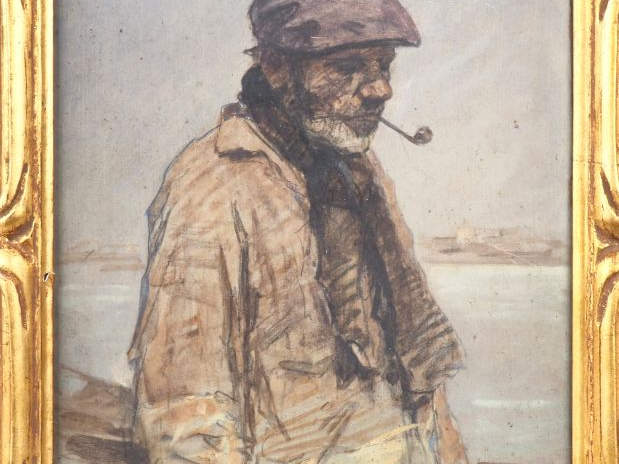 Ecole bretonne.  "pecheur à la pipe" Pastel, signé en bas à gauche. Di