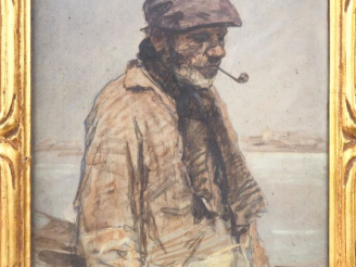 Vente aux enchères Ecole bretonne.  "pecheur à la pipe" Pastel, signé en bas à gauche. Di