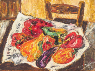 Vente aux enchères Ecole française début XXème  "Nature morte aux poivrons" Huile sur pan