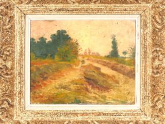 Vente aux enchères Ecole française début XXème.  "paysage au chemin" Huile sur toile, mar