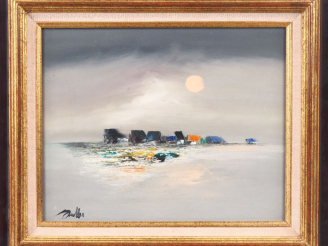 Vente aux enchères Ecole française XXème.  "paysage insolite". Huile sur toile, signée en