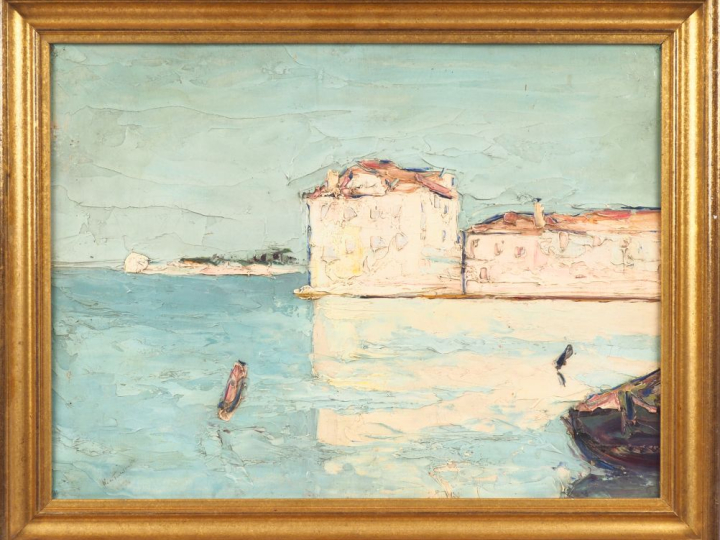 Ecole française XXème.  "le port" Huile sur carton, signée  Dim. 46 x 