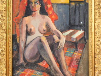 Vente aux enchères Ecole française XXème "nue au Prie Dieu" Huile sur toile, monogrammée 