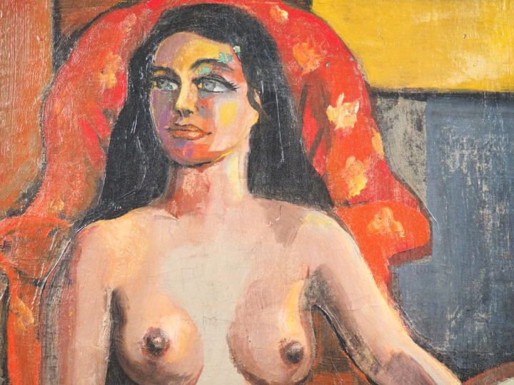 Ecole française XXème "nue au Prie Dieu" Huile sur toile, monogrammée 