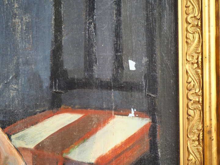 Ecole française XXème "nue au Prie Dieu" Huile sur toile, monogrammée 