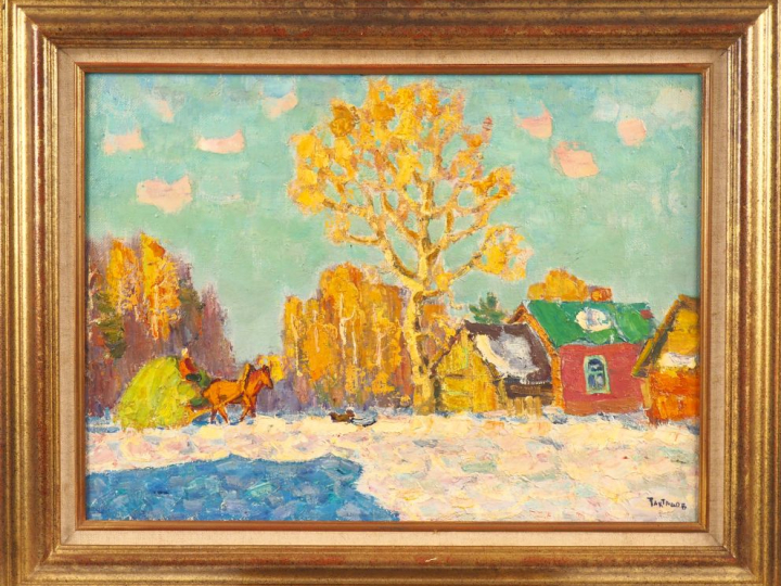 Ecole russe XXème. "paysage d'hiver ensoleillé"  Huile sur toile, sign