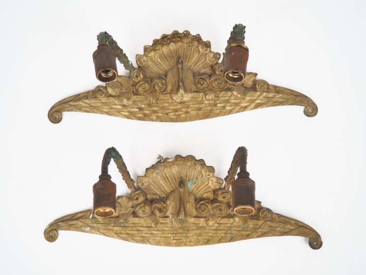 Paire d'appliques doubles en bronze Art Déco à décor de paon. Dim. 14 