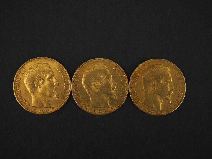 Trois pièces de 20 Francs or, 1854-A, 1857-A et 1860-BB. FRAIS ACHETEU