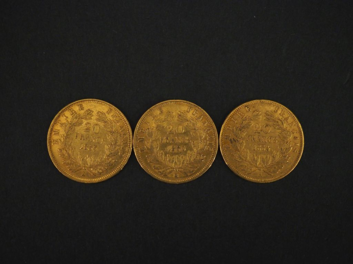 Trois pièces de 20 Francs or, 1854-A, 1857-A et 1860-BB. FRAIS ACHETEU