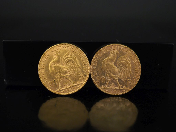 Deux pièces de 20 Francs or, 1908 et 1909. FRAIS ACHETEURS 10% HT.   