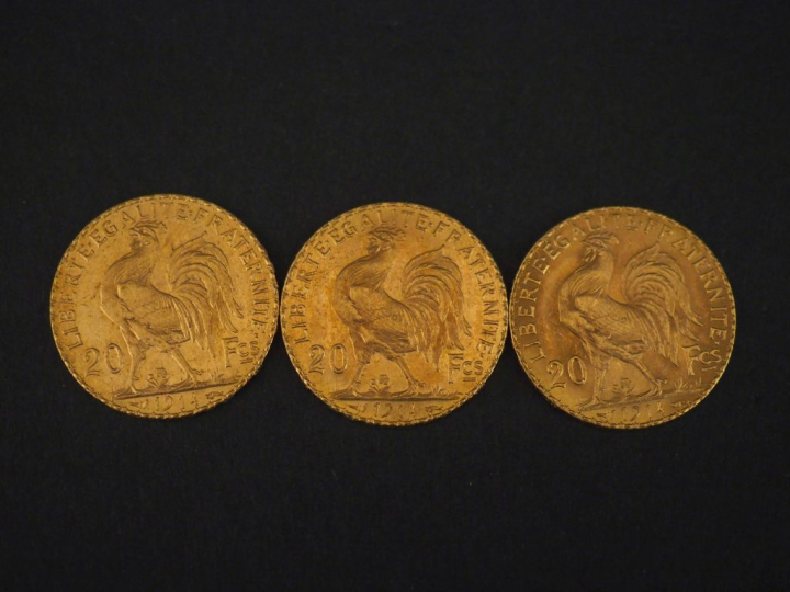 Trois pièces de 20 Francs or, 1914. FRAIS ACHETEURS 10% HT.   