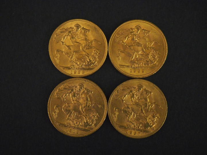 Quatre Souverains or, 1912, 1927,1928 et 1929. FRAIS ACHETEURS 10% HT.