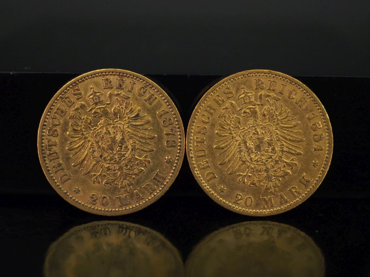 Deux pièces de 20 Mark or, 1878 et 1884.  FRAIS AHCETEURS 10% HT.   
