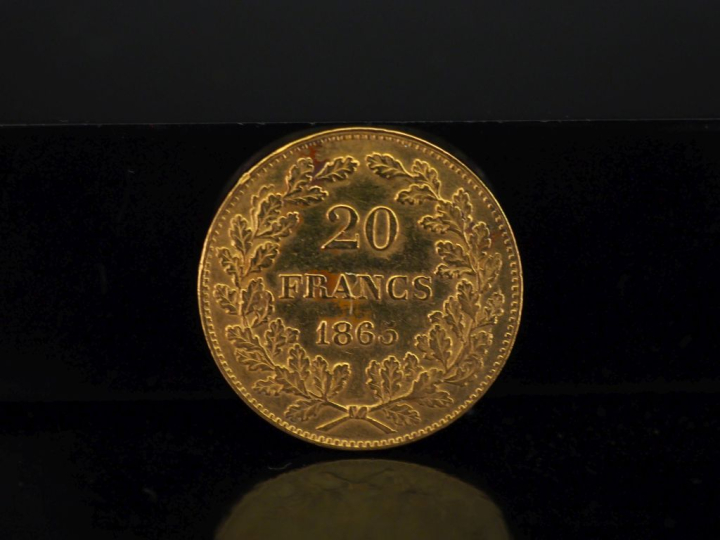 Pièce de 20 Francs or belge, Leopold Premier, 1865.  FRAIS ACHETEURS 1