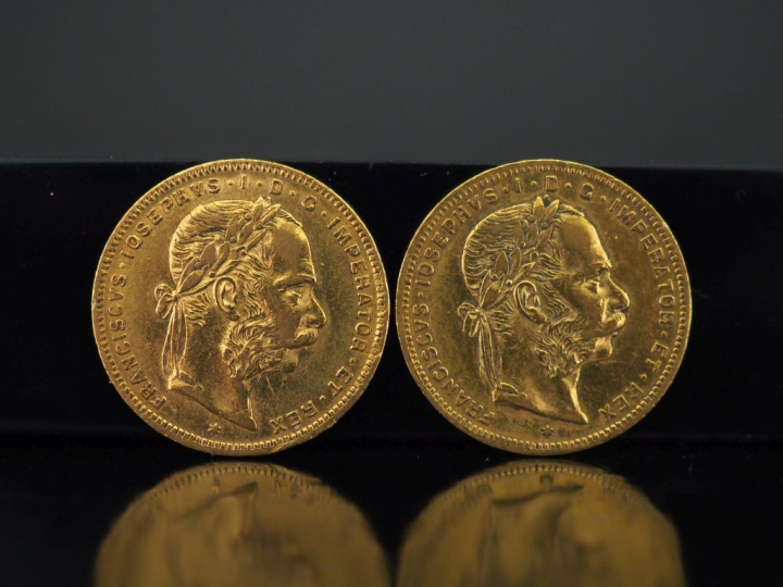 Deux pièces 8 Florins 20 Francs or, 1875 et 1876. FRAIS ACHETEURS 10% 