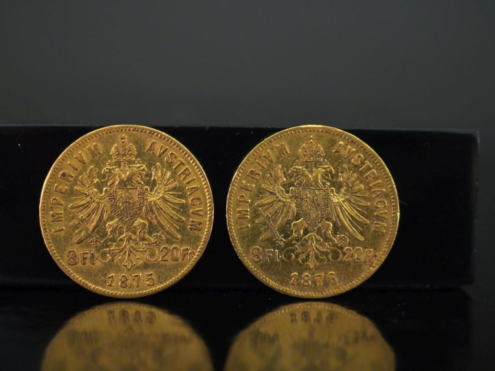 Deux pièces 8 Florins 20 Francs or, 1875 et 1876. FRAIS ACHETEURS 10% 