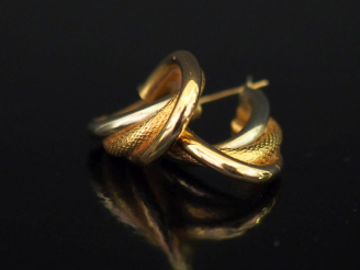 Vente aux enchères Paire de demi créoles de forme ovale deux tons d'or 750, à décor d'ent