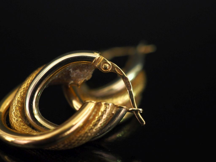 Paire de demi créoles de forme ovale deux tons d'or 750, à décor d'ent