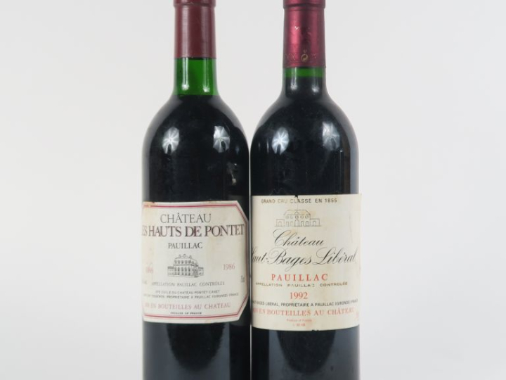2 BOUTEILLES de PAUILLAC : 1 CHÂTEAU HAUT BAGES LIBERAL 1992 - 1 CHÂTE