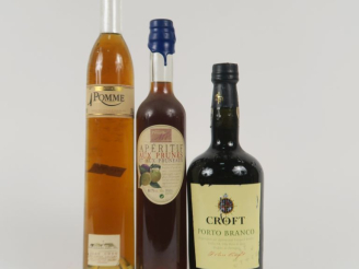 Vente aux enchères 3 BOUTEILLES : 1 PORTO BRANCO CROFT - 1 APERITIF AUX PRUNES (50 CL) - 