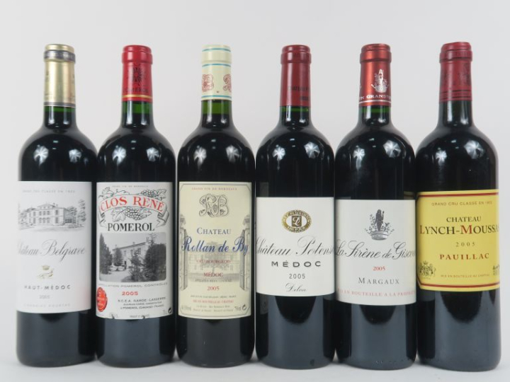 6 BOUTEILLES de 2005 : 1 CLOS RENÉ POMEROL - 1 CHÂTEAU POTENSAC MEDOC 