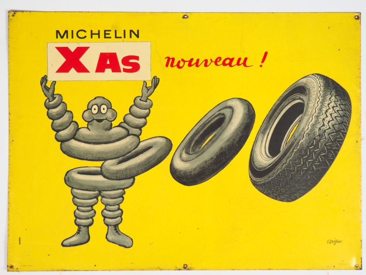 MICHELIN XAS.  Plaque en tole lithographiée par Savignac. Dim. 60 x 82
