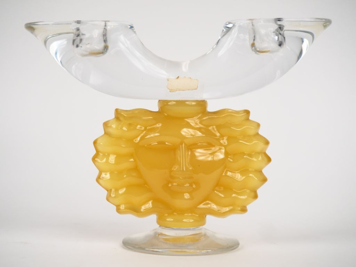 Bougeoir double bicolore en cristal jaune et translucide à décor de vi