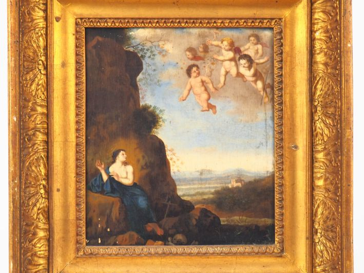 Cornelis Van POELENBURGH (1594-1667). "Sainte femme et angelots". Huil