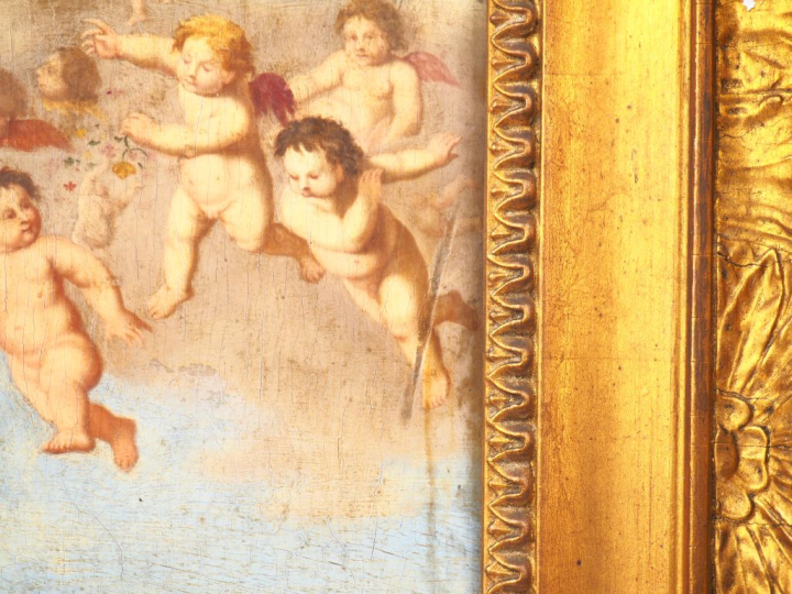 Cornelis Van POELENBURGH (1594-1667). "Sainte femme et angelots". Huil