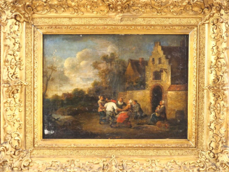 Vente aux enchères Ecole du Nord d'après Tesniers  "scènes villageoises" Paire d'huiles s