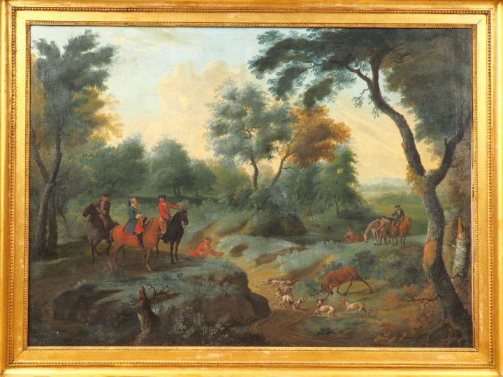 Ecole française XVIIIème. "Scènes de chasse à courre". Paire de grande