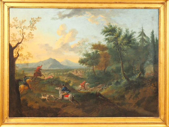 Ecole française XVIIIème. "Scènes de chasse à courre". Paire de grande