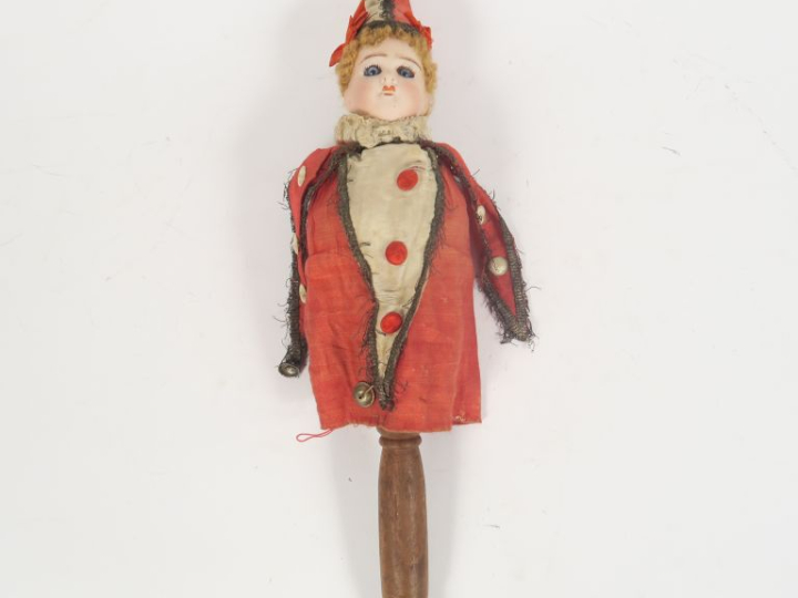 Jouet ancien marotte musical tête porcelaine de fabrication française 