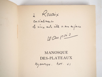 Vente aux enchères GIONO (J.). MANOSQUE DES PLATEAUX. P., Émile-Paul, 1930. In-8 broché. 