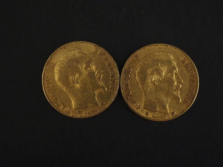 Deux pièces de 20 Francs or, 1856-A et 1859-BB. FRAIS ACHETEURS 10% HT
