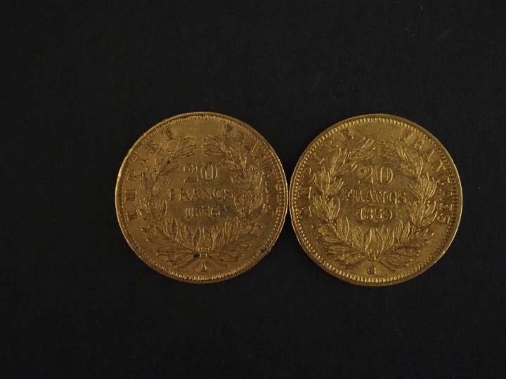 Deux pièces de 20 Francs or, 1856-A et 1859-BB. FRAIS ACHETEURS 10% HT