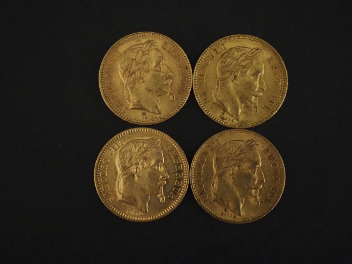 Quatre pièces de 20 Francs or, 1862-A, 1863-BB, 1866-A et 1868-BB. FRA