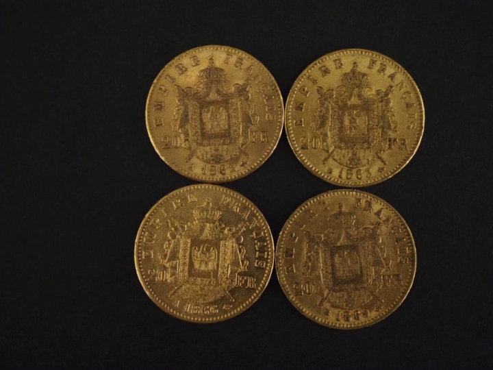 Quatre pièces de 20 Francs or, 1862-A, 1863-BB, 1866-A et 1868-BB. FRA