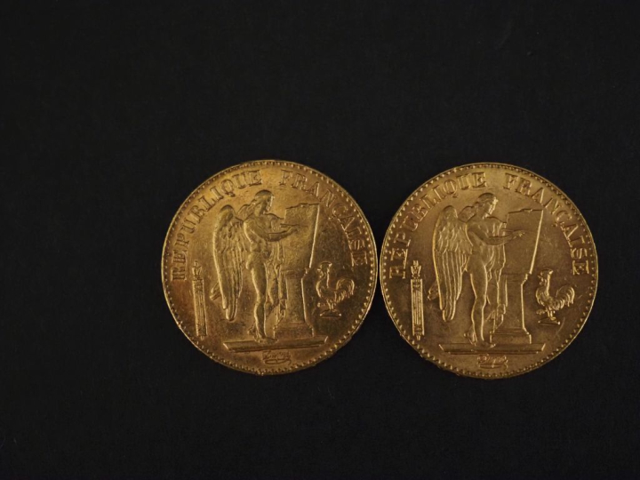 Deux pièces de 20 Francs or, 1896-A et 1897-A.  FRAIS ACHETEURS 10% HT