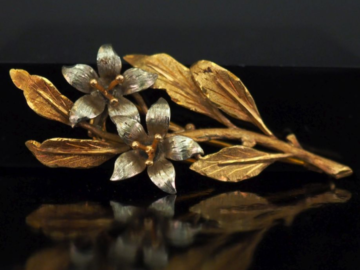 Broche deux tons d'or 750, en forme de branchage fleuri.  H. 6,5 cm Po