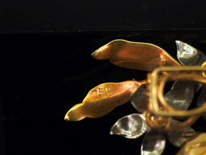 Broche deux tons d'or 750, en forme de branchage fleuri.  H. 6,5 cm Po