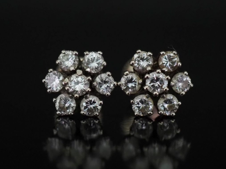 Paire de clous d'oreilles en forme de fleur en or blanc 750, sertis en