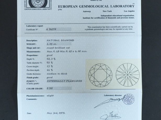 Diamant de 1,05 ct sur papier, taille ronde brillant, H-IF.  Avec son 