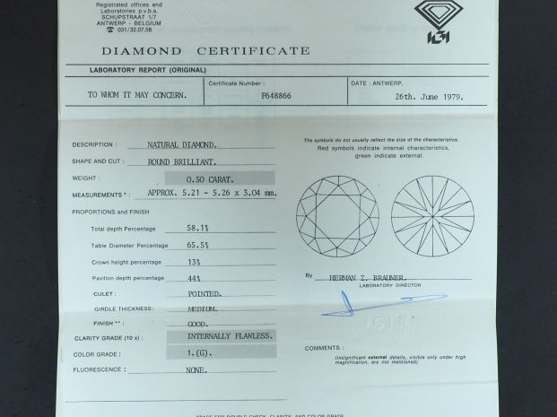 Diamant de 0,5 ct sur papier, taille ronde brillant, G-IF.  Avec son c