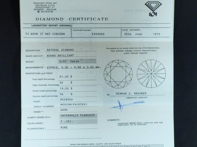 Diamant de 0,47 ct sur papier, taille ronde brillant, G-IF.  Avec son 