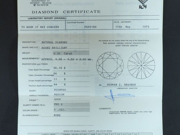 Diamant de 0,30 ct sur papier, taille ronde brillant, G-VVS 2.  Avec s